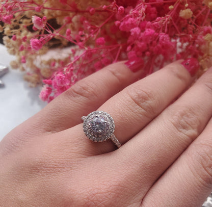 0.5 ct round ring, solitaire ring, engagement ring, stackable ring, 18k gold plated, 2rows halo pink tourmaline and cz ,fancy ring