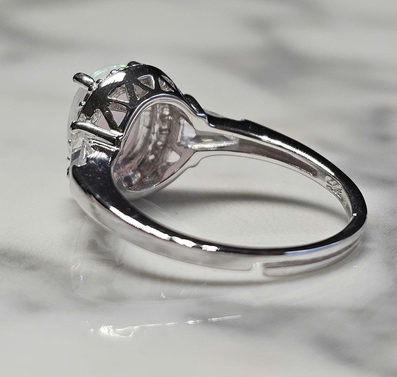 3ct white fire opal and 2 baguette cz ring, Halo Ring with Synthetic Oval Opal, opal engagement ring, oval stone, halo ring, white opal ring