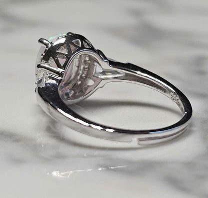 3ct white fire opal and 2 baguette cz ring, Halo Ring with Synthetic Oval Opal, opal engagement ring, oval stone, halo ring, white opal ring