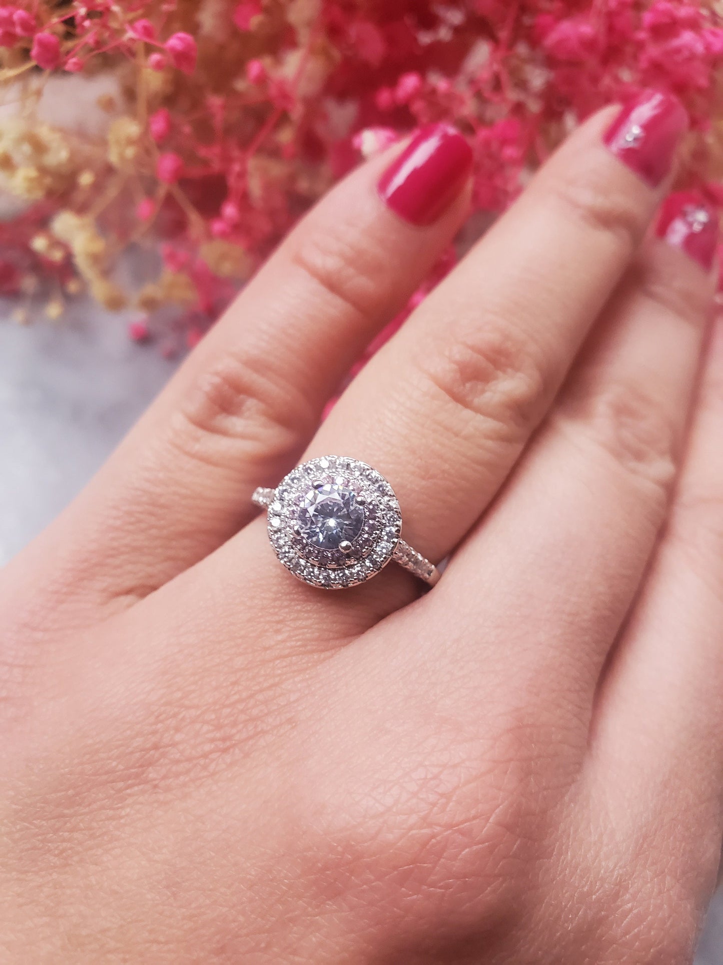 0.5 ct round ring, solitaire ring, engagement ring, stackable ring, 18k gold plated, 2rows halo pink tourmaline and cz ,fancy ring