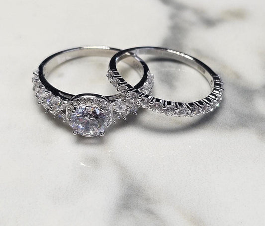 0.50ct round halo cz ring, marquise ring, Dainty stackable, engagement ring, wedding set ring ,two piece ring, half eternity ring