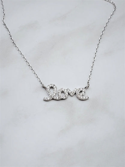 love Necklace, love, pave pendant, valentines day gift, silver necklace, Mother's Day Gift ,gift for her