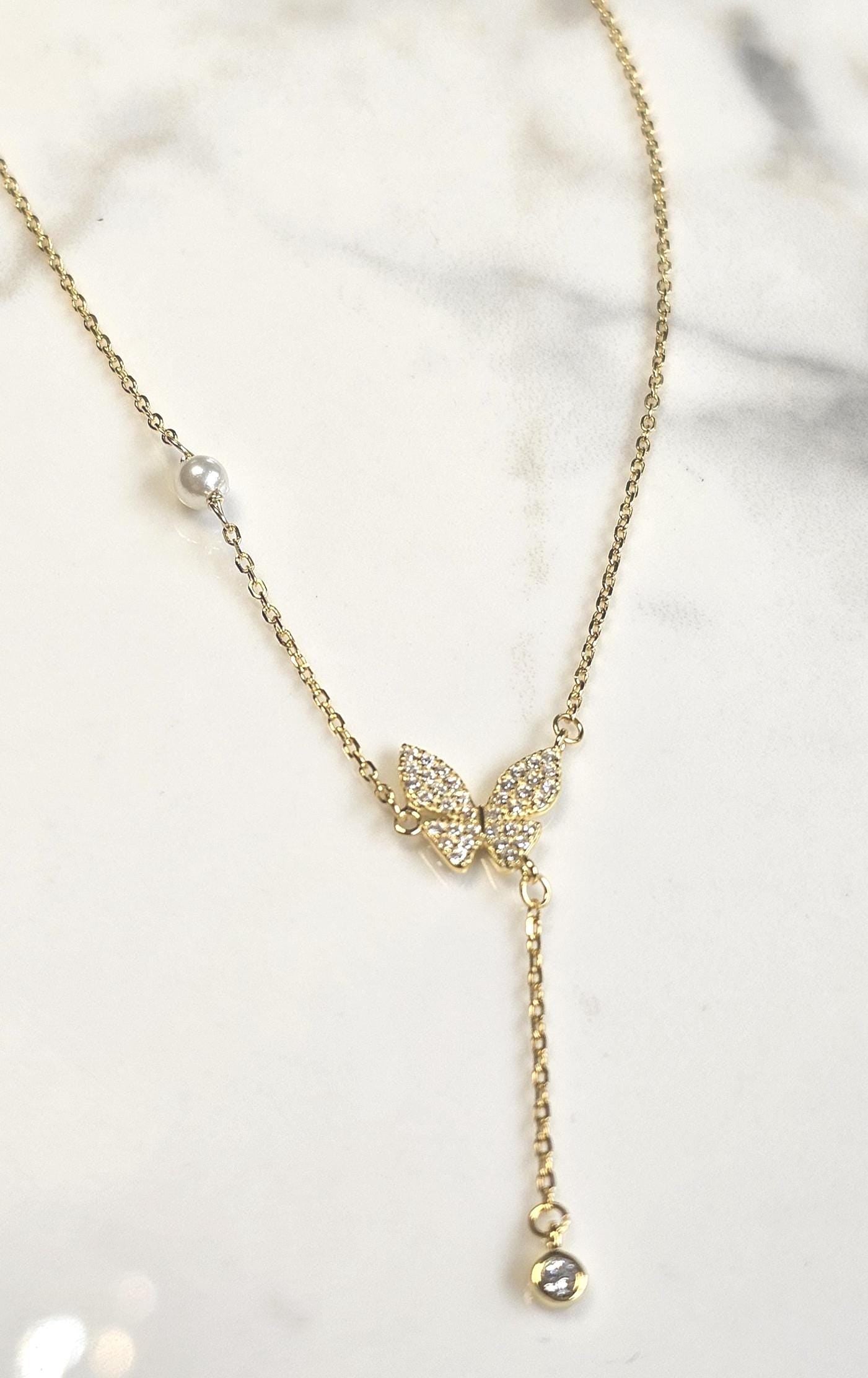 butterfly minimalist lariat necklace ,18k yellow gold necklace, anniversary gift, dainty necklace
