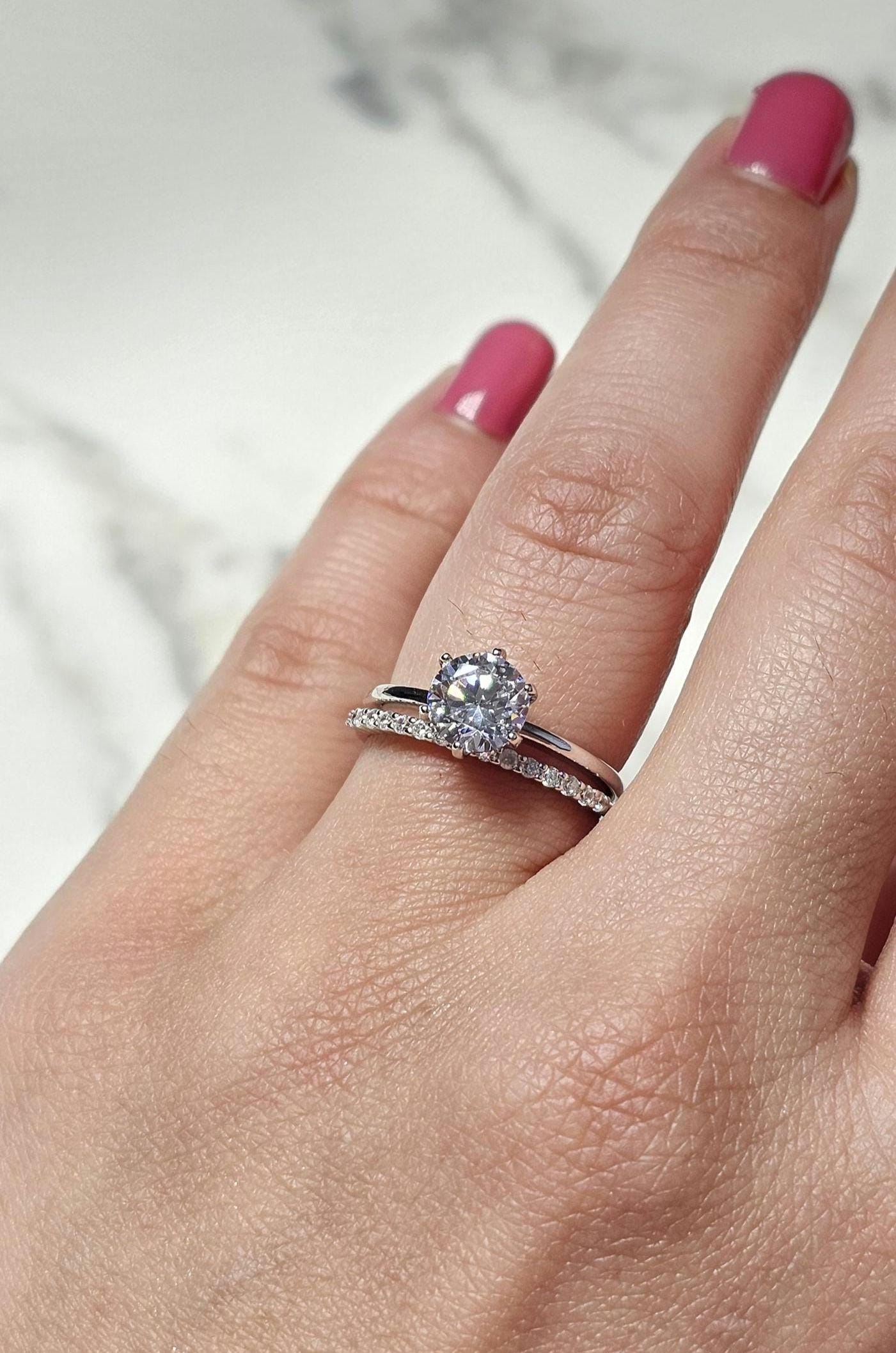 1.25ct round solitaire ring, engagement ring set, wedding set, classic bridal, Dainty stackable, two piece ring, half eternity ring
