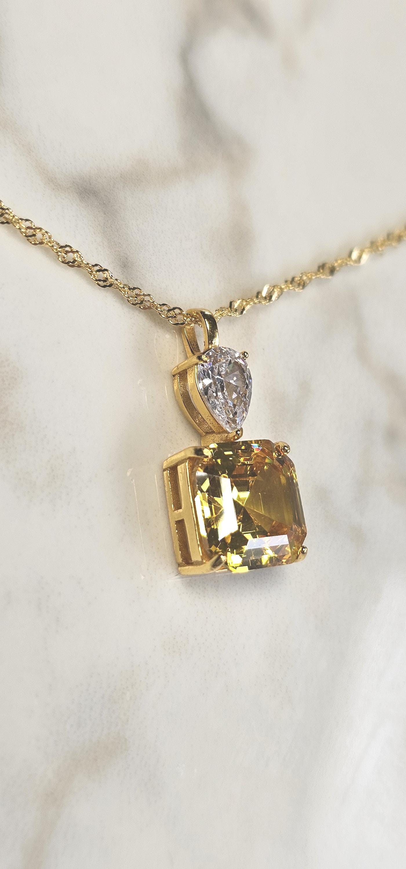 5ct Asscher cut bright yellow citrine necklace,18k yellow gold vermeil, November birthstone,  anniversary gift, geometric dainty necklace
