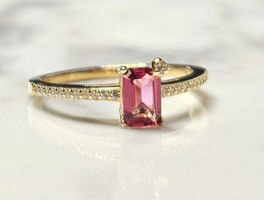 Emerald cut solitaire engagement ring, 1.5ct Rectangle cut ruby ring, July birthstone ring, half eternity ring, gold plated ring