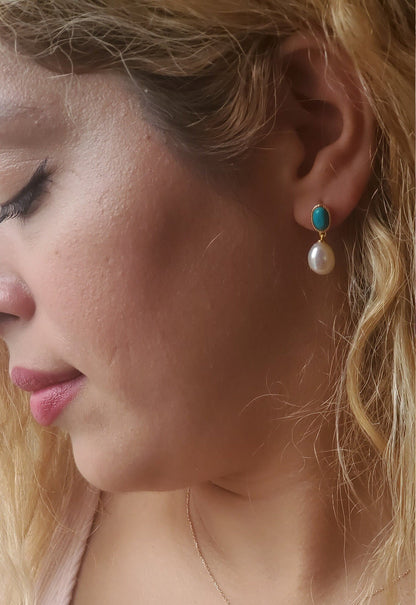 14K Gold Plated pearl and Turquoise earrings, anniversary gift, gemstone, turquoise earrings, stud earrings, 0.75ct Turquoise