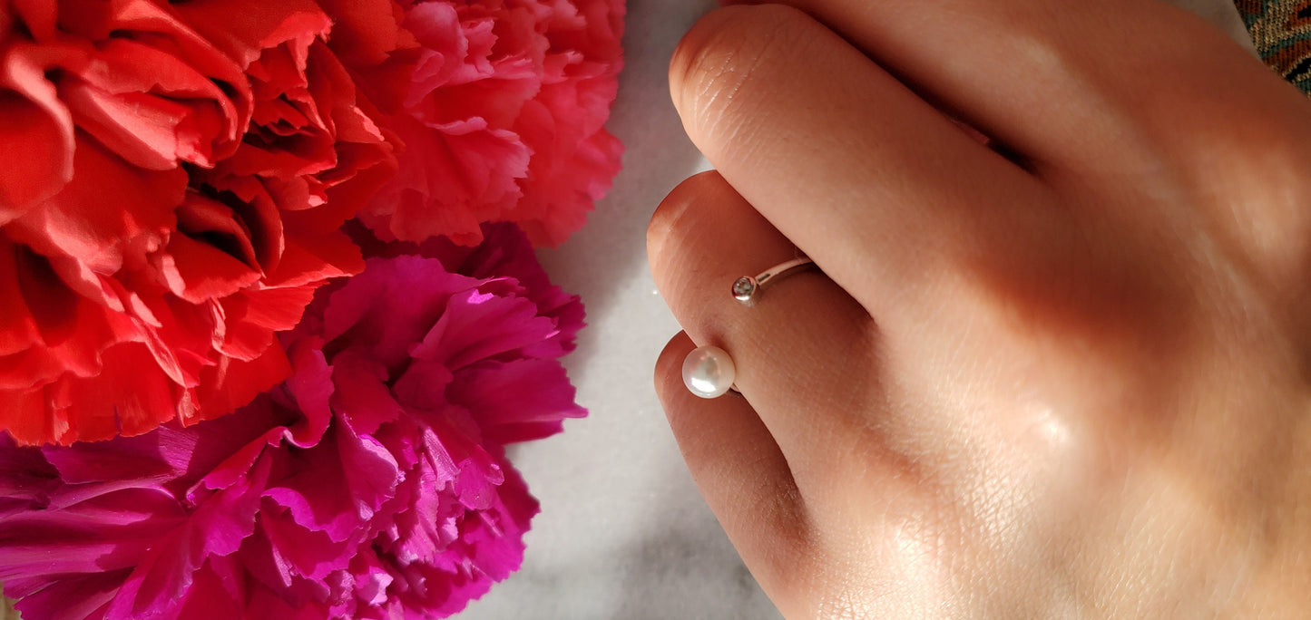 pearl End Caps ring, Anniversary Gift, gift for Her, Present Future Ring, CZ wedding band, stackable ring, pearl ring, engagement ring