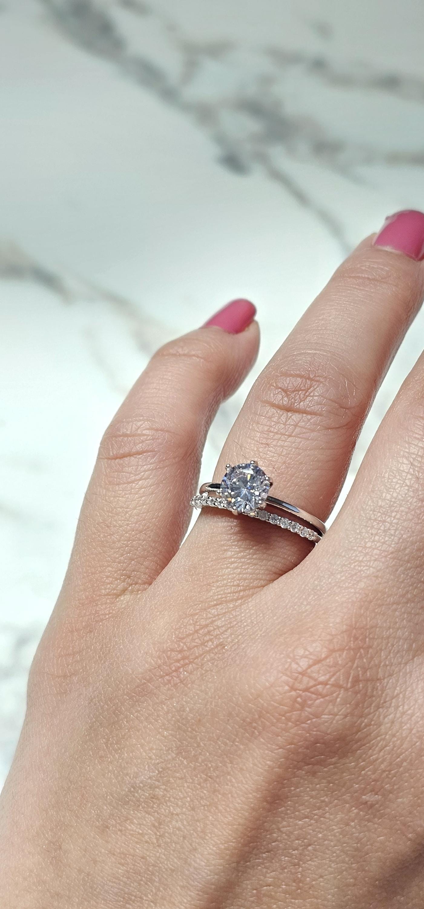 1.25ct round solitaire ring, engagement ring set, wedding set, classic bridal, Dainty stackable, two piece ring, half eternity ring