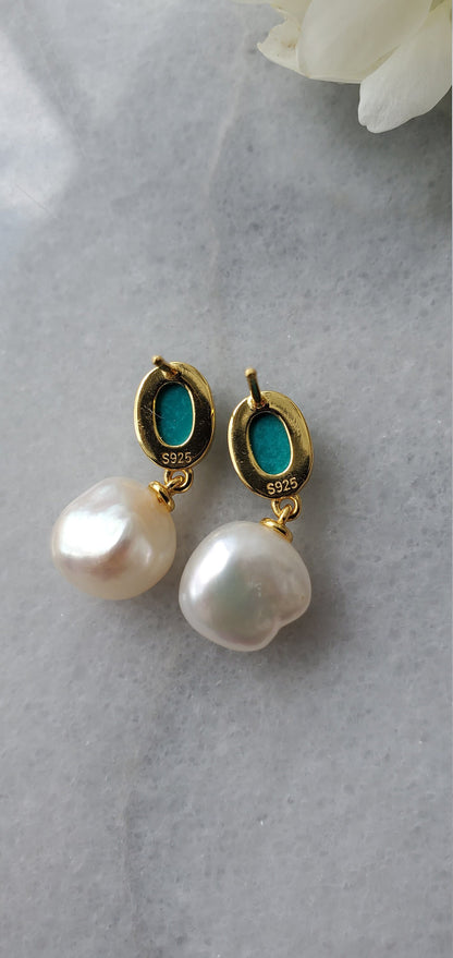 14K Gold Plated pearl and Turquoise earrings, anniversary gift, gemstone, turquoise earrings, stud earrings, 0.75ct Turquoise
