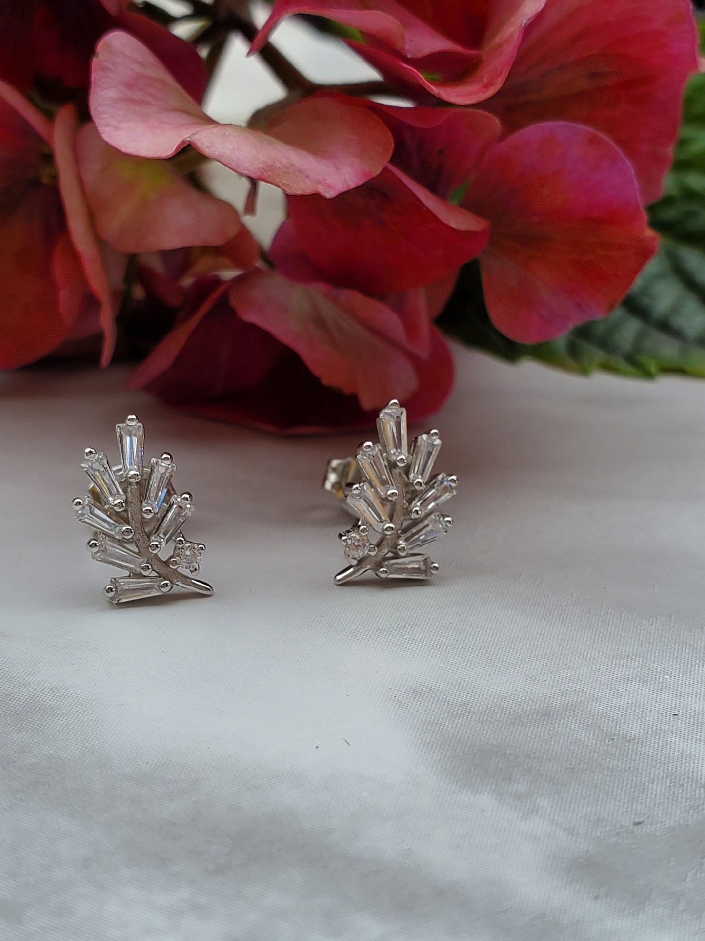 Baguette earrings, leaf earrings, stud earring, bridesmaid jewelry, engagement gift, silver earring, gift for her