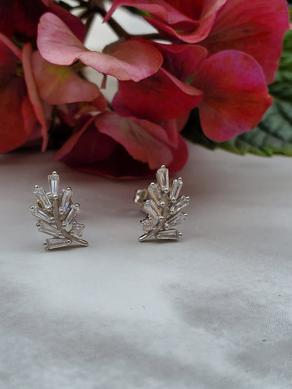 Baguette earrings, leaf earrings, stud earring, bridesmaid jewelry, engagement gift, silver earring, gift for her