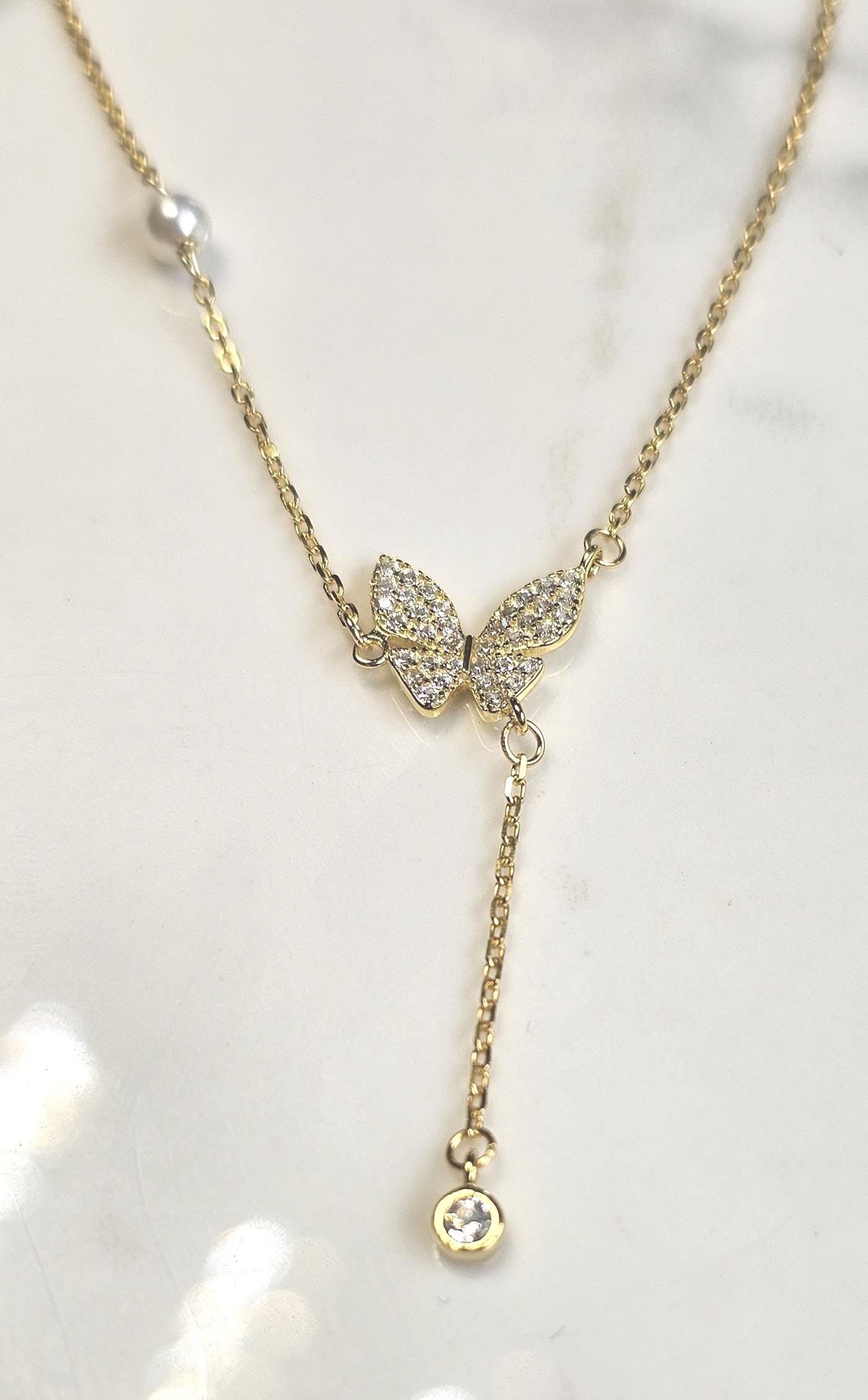 butterfly minimalist lariat necklace ,18k yellow gold necklace, anniversary gift, dainty necklace