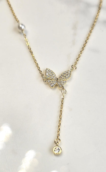 butterfly minimalist lariat necklace ,18k yellow gold necklace, anniversary gift, dainty necklace