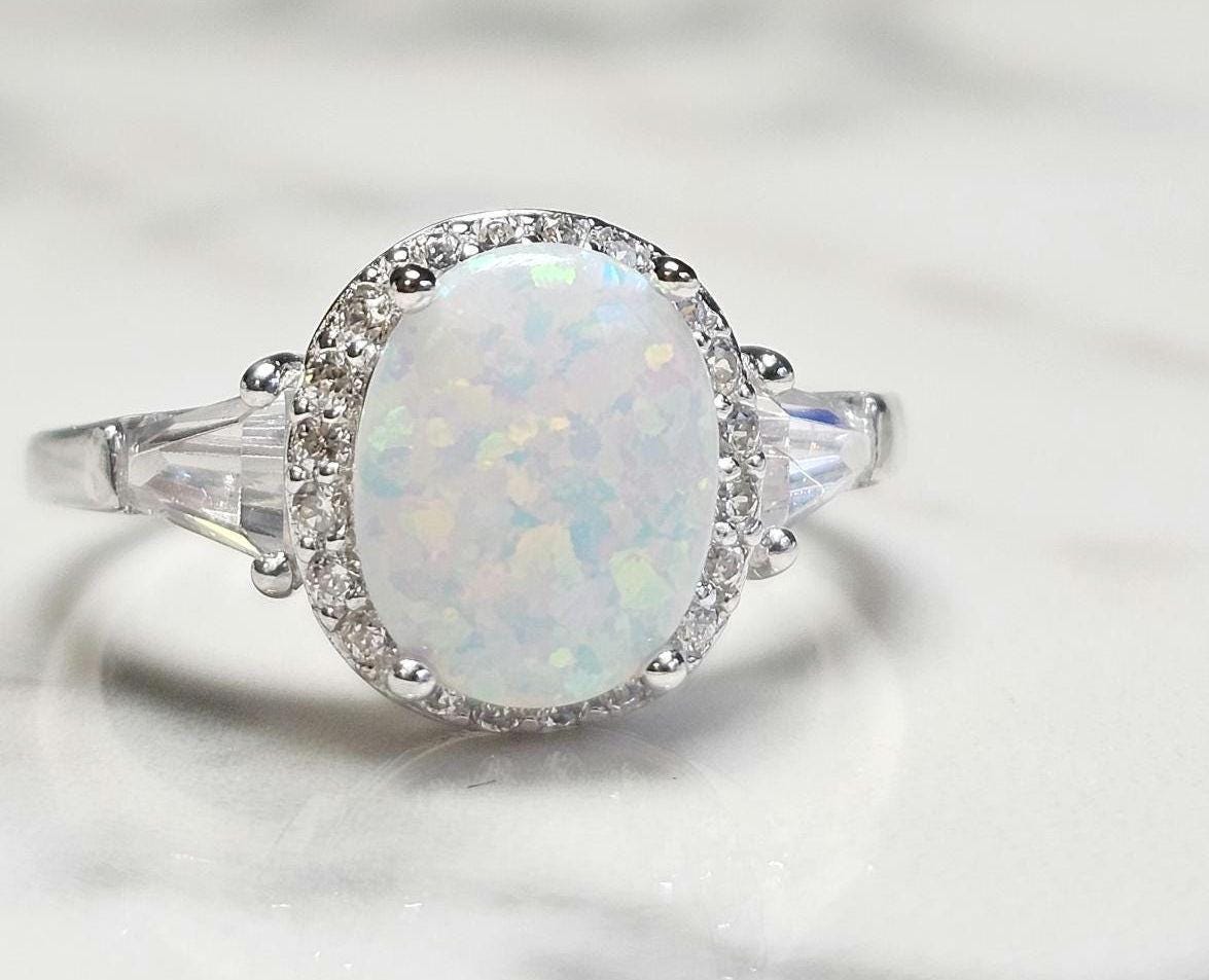 3ct white fire opal and 2 baguette cz ring, Halo Ring with Synthetic Oval Opal, opal engagement ring, oval stone, halo ring, white opal ring