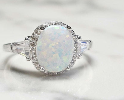 3ct white fire opal and 2 baguette cz ring, Halo Ring with Synthetic Oval Opal, opal engagement ring, oval stone, halo ring, white opal ring