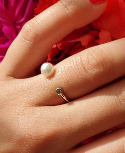 pearl End Caps ring, Anniversary Gift, gift for Her, Present Future Ring, CZ wedding band, stackable ring, pearl ring, engagement ring