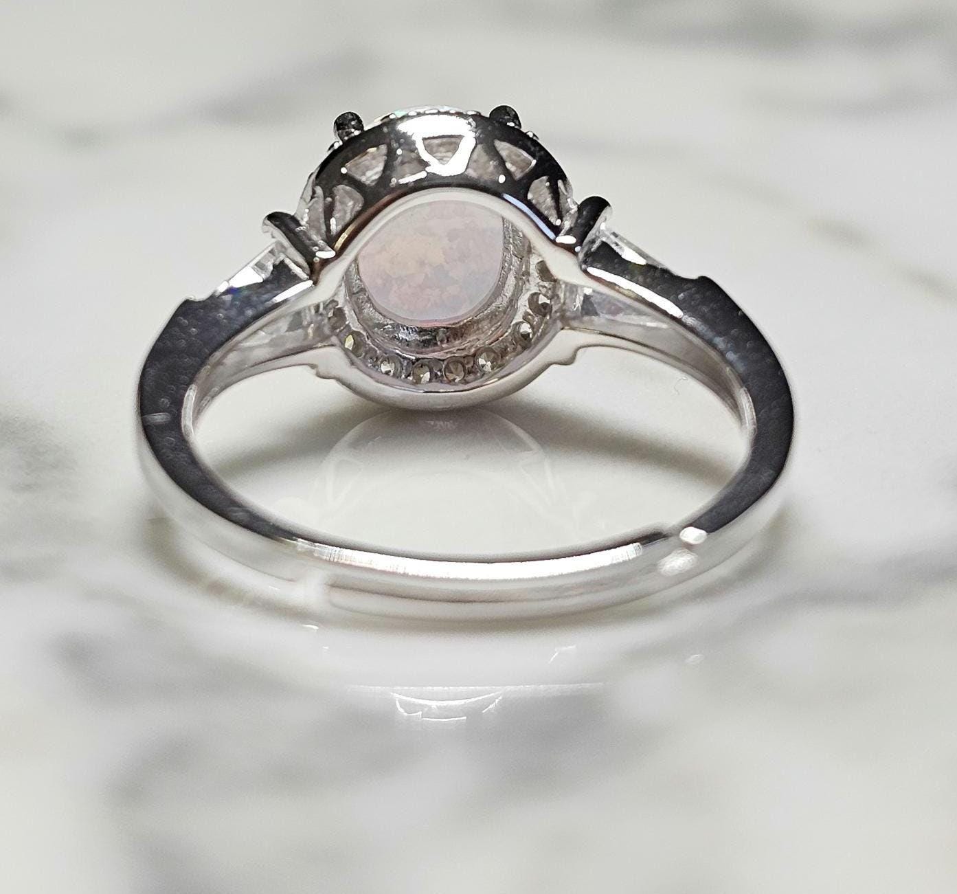 3ct white fire opal and 2 baguette cz ring, Halo Ring with Synthetic Oval Opal, opal engagement ring, oval stone, halo ring, white opal ring