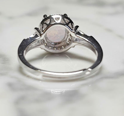 3ct white fire opal and 2 baguette cz ring, Halo Ring with Synthetic Oval Opal, opal engagement ring, oval stone, halo ring, white opal ring