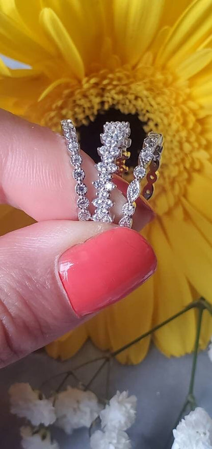 3pcs engagement ring ,Curved Wedding Band, eternity bands, 925Sterling Silver, pave wedding band, anniversary gift, jewelry