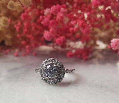 0.5 ct round ring, solitaire ring, engagement ring, stackable ring, 18k gold plated, 2rows halo pink tourmaline and cz ,fancy ring