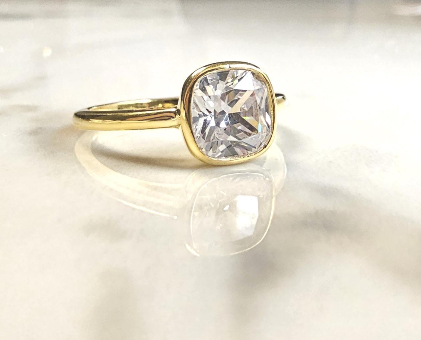 2ct cushion cut ring, 925 sterling silver high carbon diamond white solitaire ring, minimalist band ring, engagement ring, bezel ring