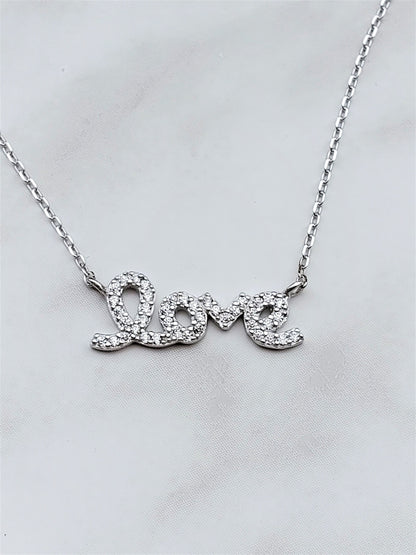 love Necklace, love, pave pendant, valentines day gift, silver necklace, Mother's Day Gift ,gift for her