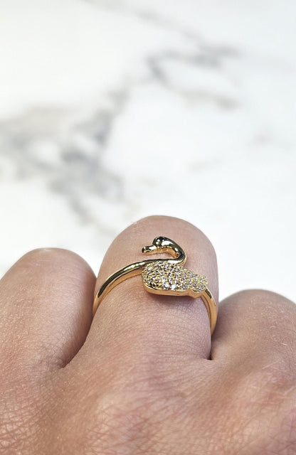 18k gold swan minimalist band ring, 925 sterling silver cubic zirconia ring, gold swam, 18K Gold Plated, Anniversary Gift, Teen Girl gift