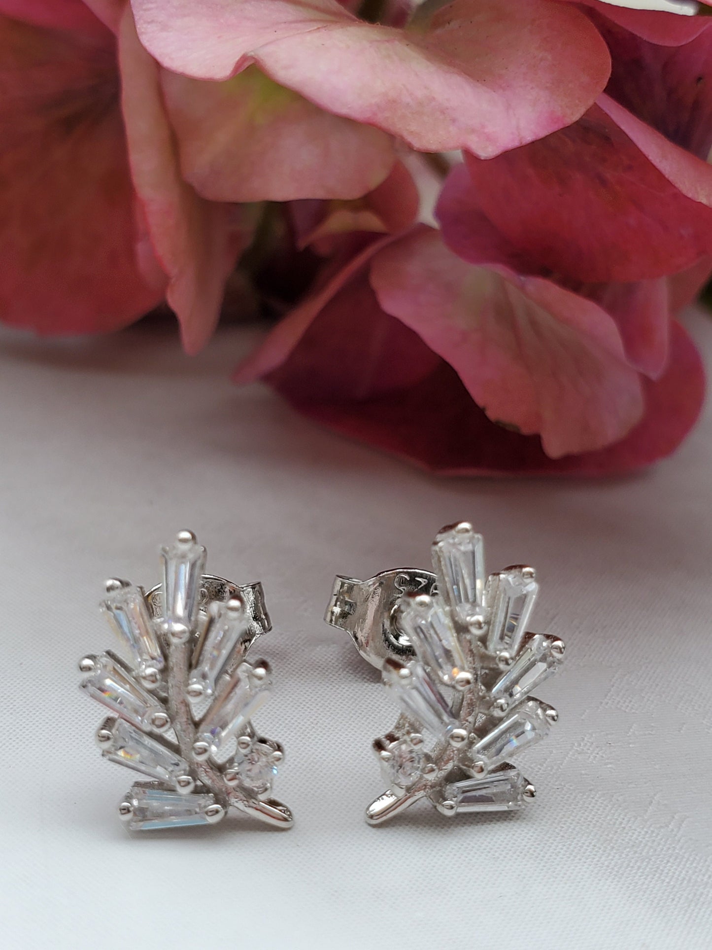 Baguette earrings, leaf earrings, stud earring, bridesmaid jewelry, engagement gift, silver earring, gift for her