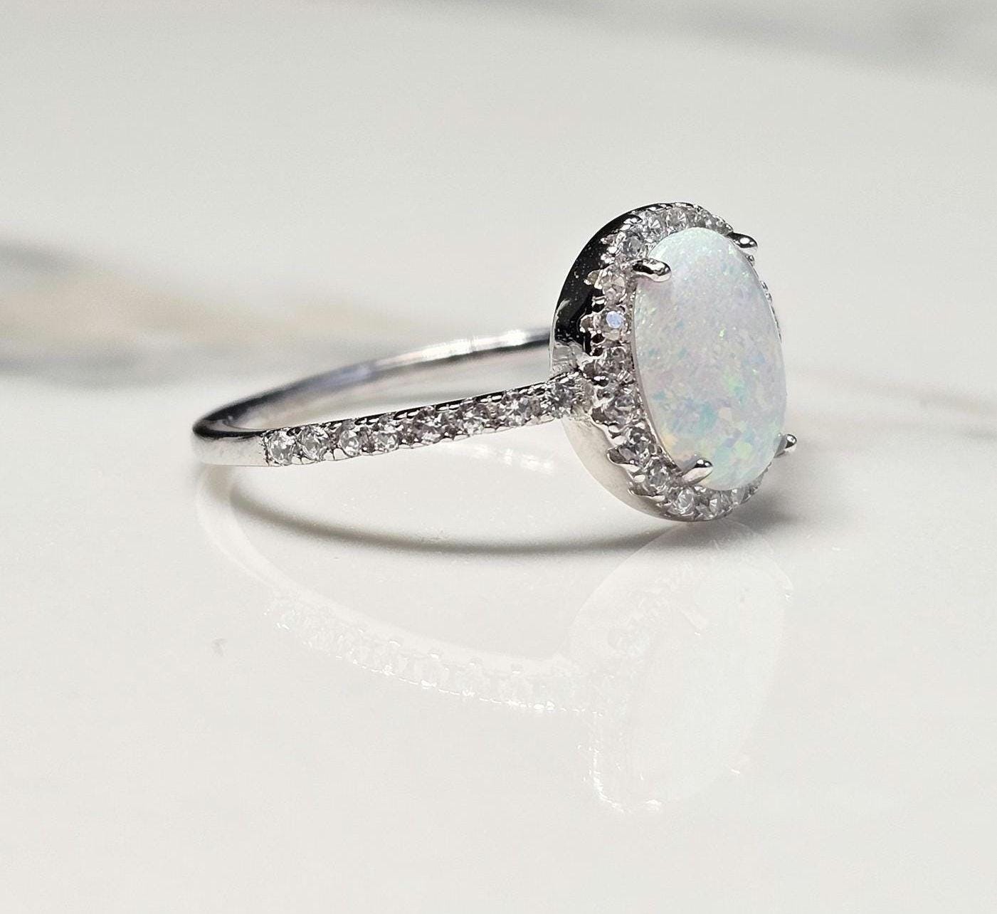 2ct oval opal stone, Oval Solitaire Synthetic Opal Ring, halo oval ring, engagement ring, halo ring, white opal ring, October birth stone