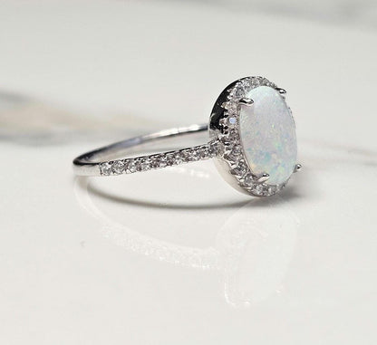 2ct oval opal stone, Oval Solitaire Synthetic Opal Ring, halo oval ring, engagement ring, halo ring, white opal ring, October birth stone