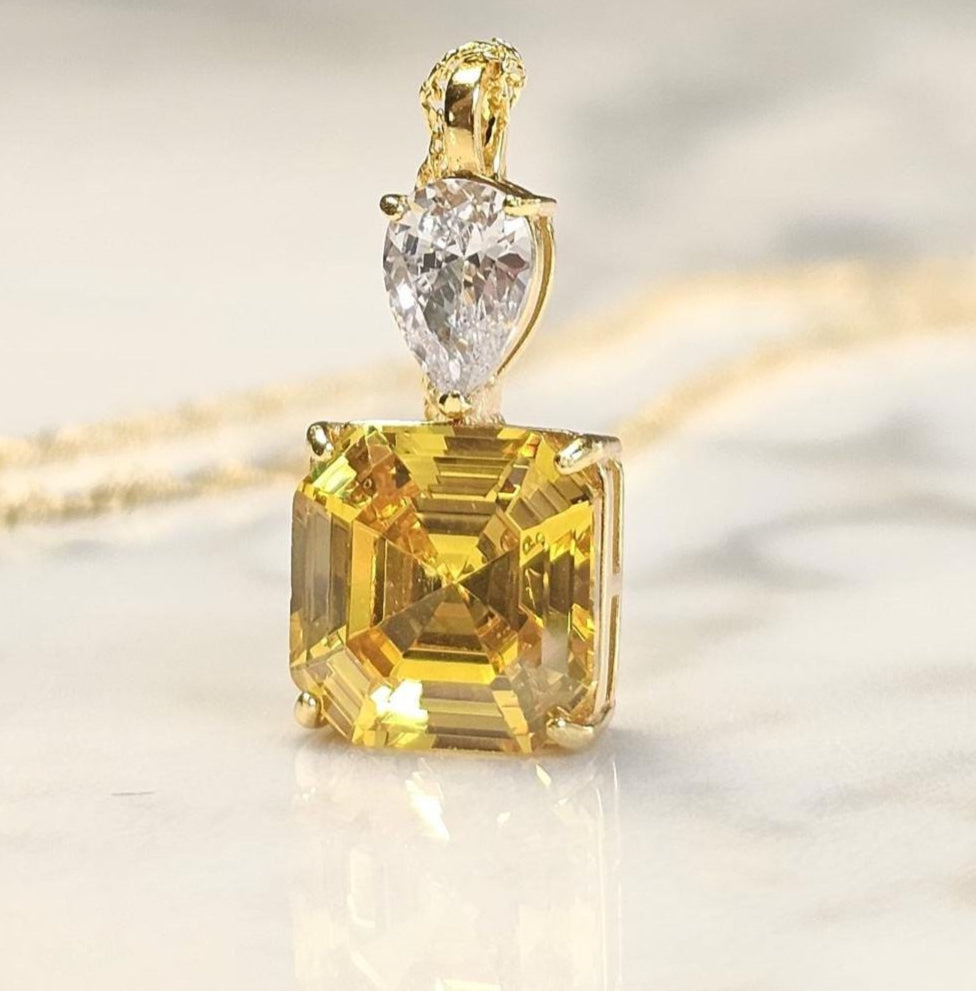 5ct Asscher cut bright yellow citrine necklace,18k yellow gold vermeil, November birthstone,  anniversary gift, geometric dainty necklace