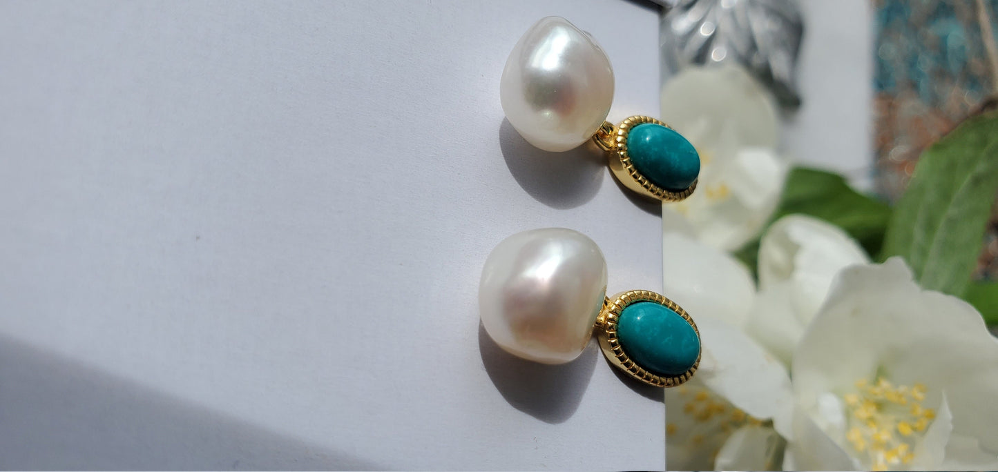 14K Gold Plated pearl and Turquoise earrings, anniversary gift, gemstone, turquoise earrings, stud earrings, 0.75ct Turquoise