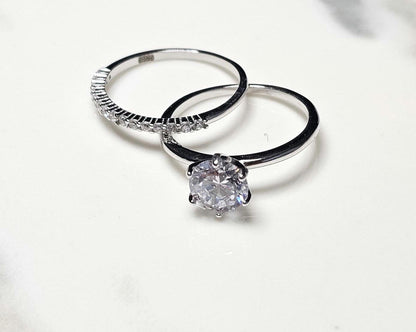 1.25ct round solitaire ring, engagement ring set, wedding set, classic bridal, Dainty stackable, two piece ring, half eternity ring