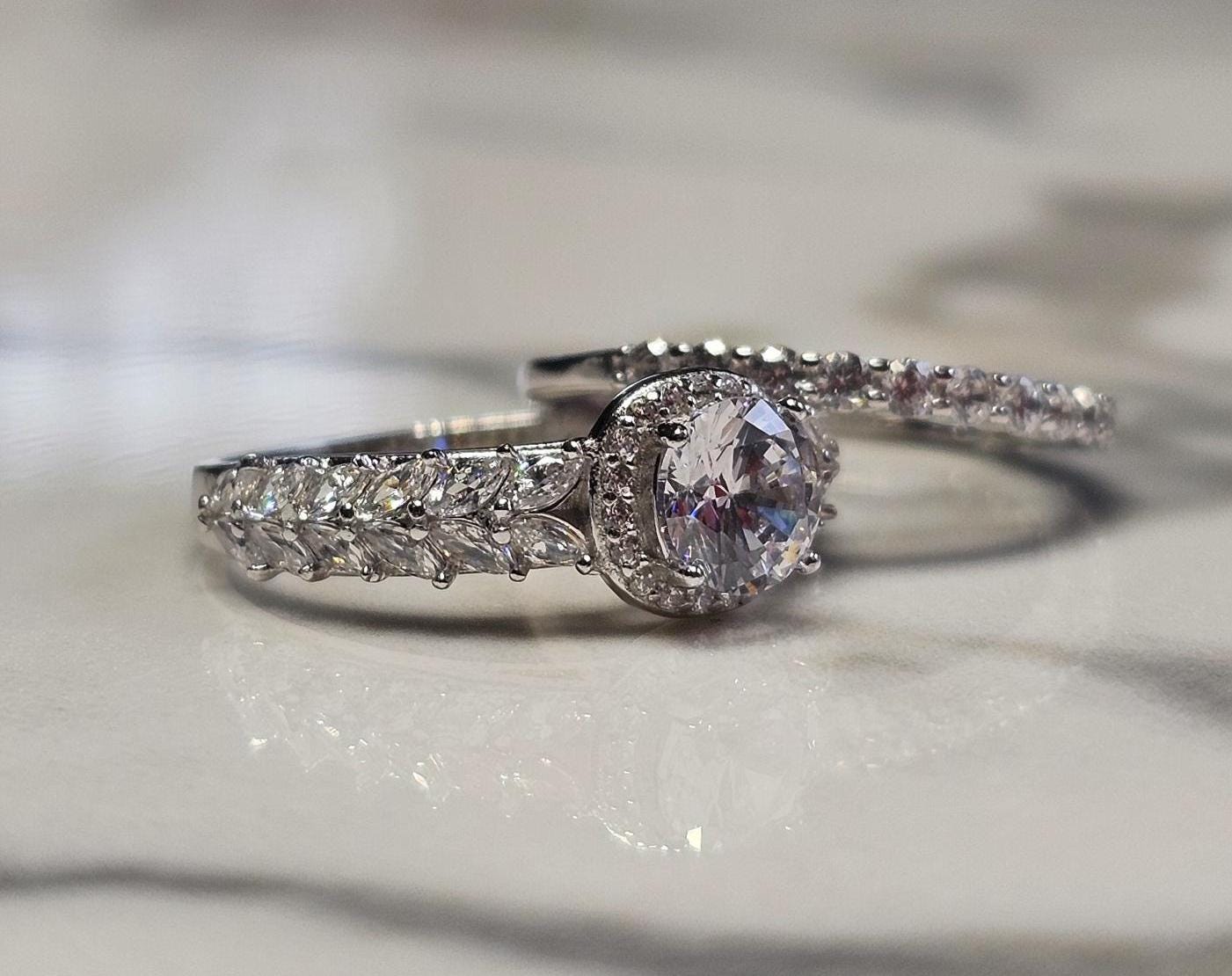 0.50ct round halo cz ring, marquise ring, Dainty stackable, engagement ring, wedding set ring ,two piece ring, half eternity ring