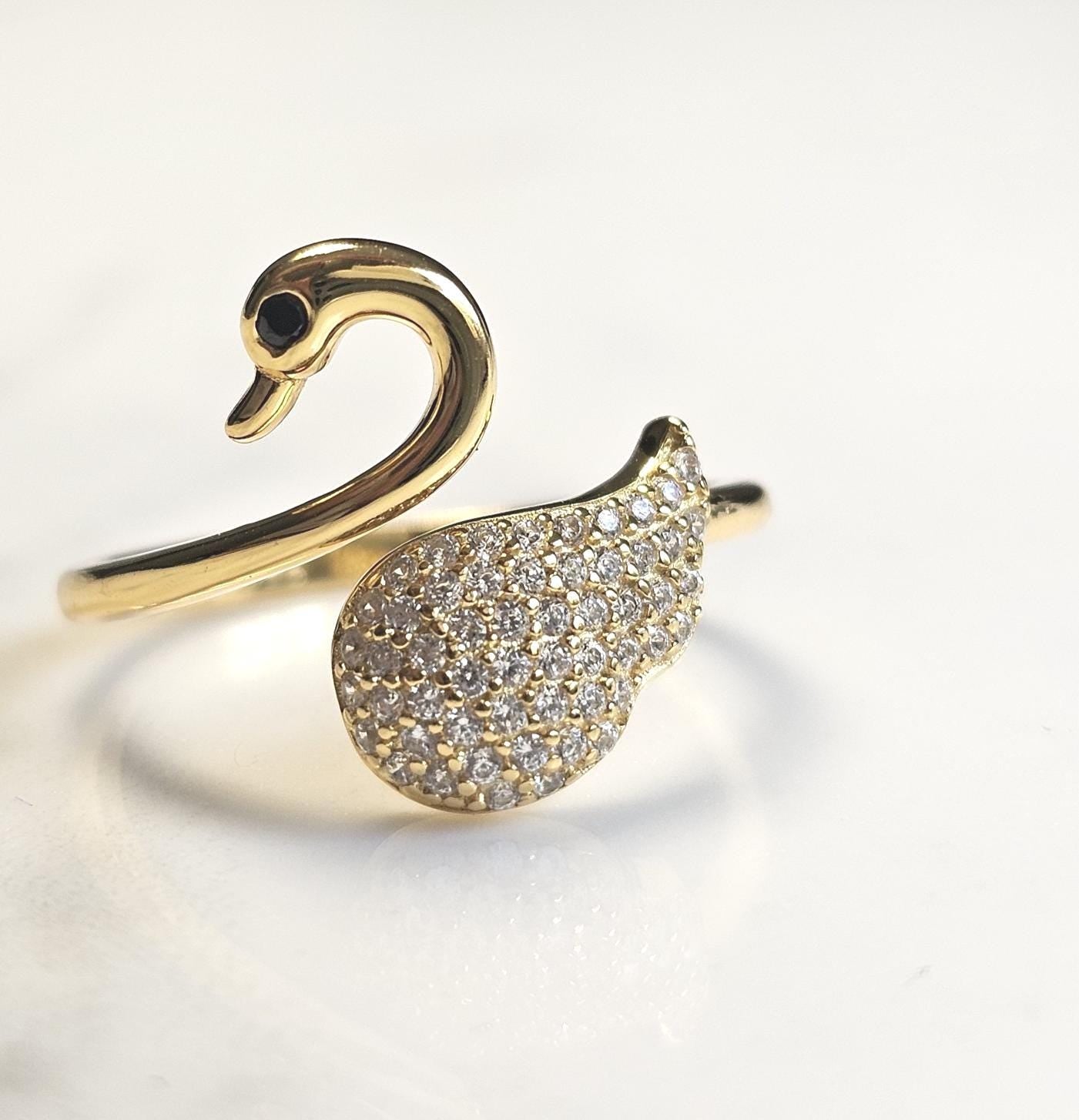 18k gold swan minimalist band ring, 925 sterling silver cubic zirconia ring, gold swam, 18K Gold Plated, Anniversary Gift, Teen Girl gift