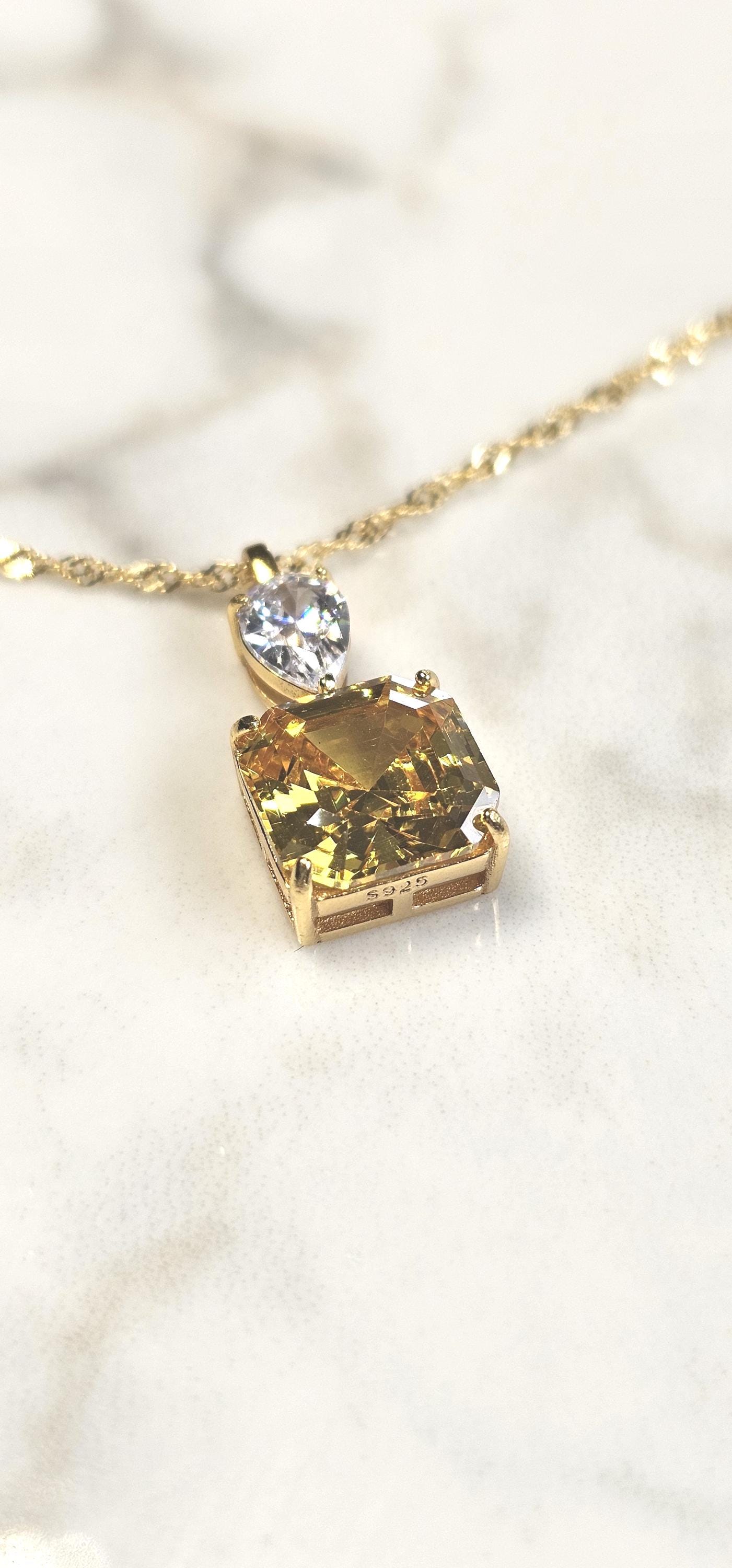 5ct Asscher cut bright yellow citrine necklace,18k yellow gold vermeil, November birthstone,  anniversary gift, geometric dainty necklace