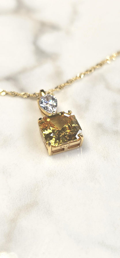 5ct Asscher cut bright yellow citrine necklace,18k yellow gold vermeil, November birthstone,  anniversary gift, geometric dainty necklace