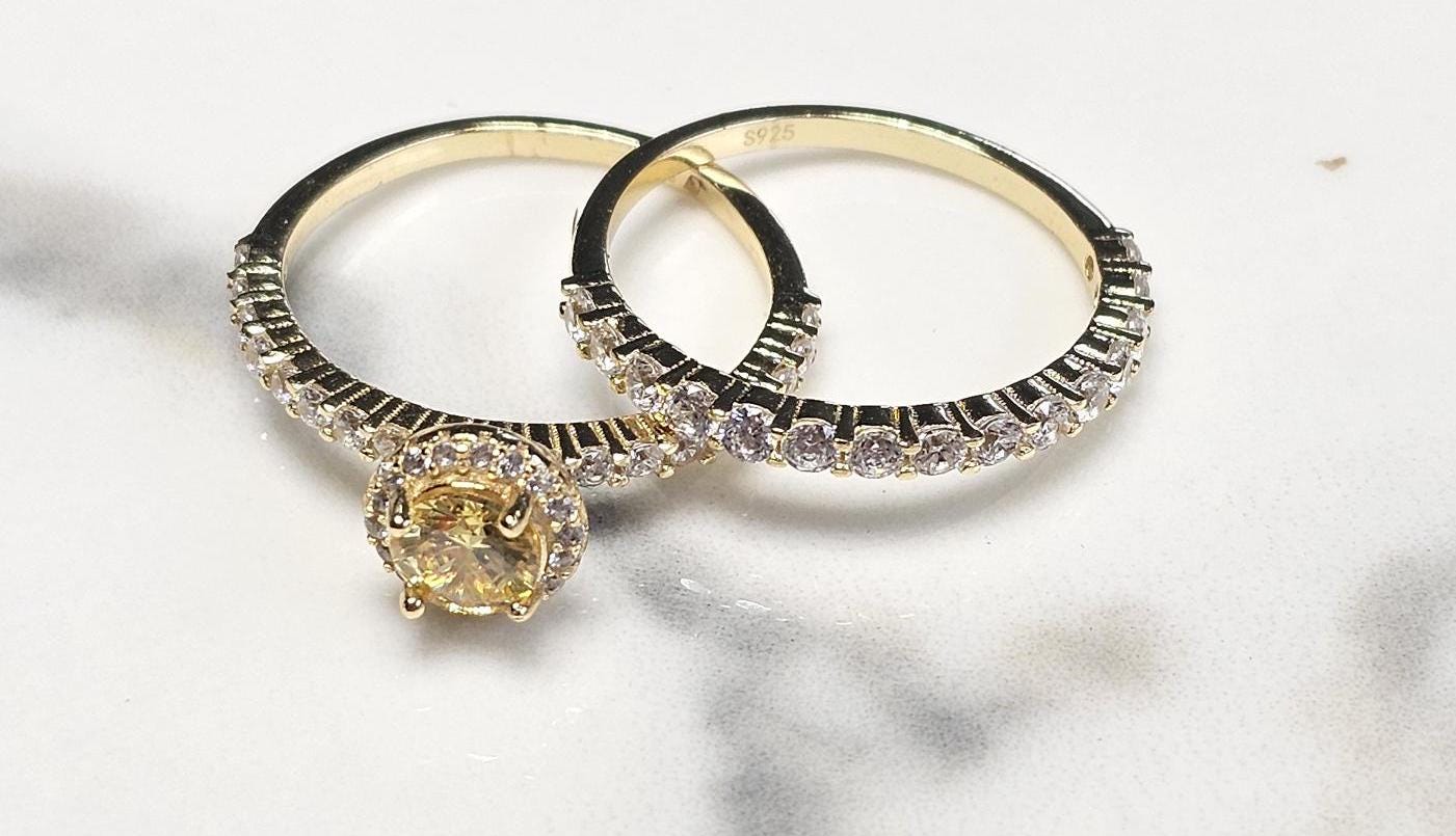 0.50ct round yellow stone ring, November birthstone ring, engagement ring, wedding set ring ,two piece, half eternity ring, citrine ring set