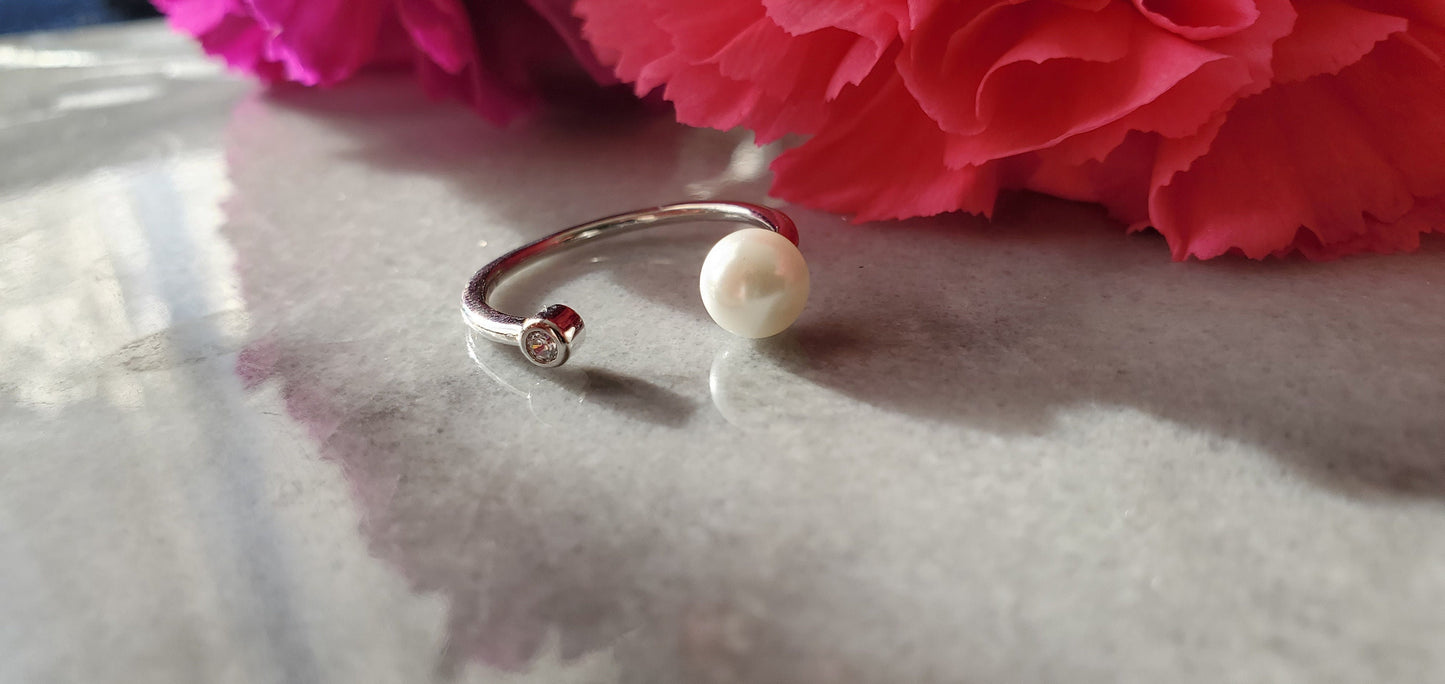 pearl End Caps ring, Anniversary Gift, gift for Her, Present Future Ring, CZ wedding band, stackable ring, pearl ring, engagement ring