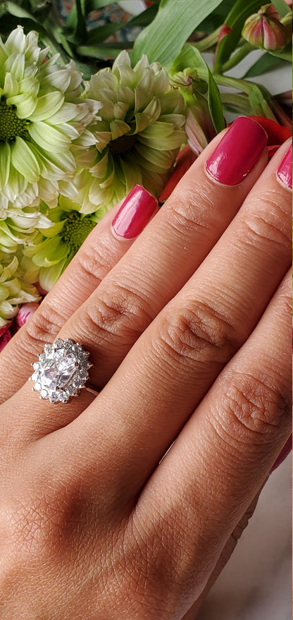 3ct oval cz stone, halo oval ring, cz floral ring, engagement ring, wedding ring, oval cz ring, anniversary ring, luxury ring, arc deco ring