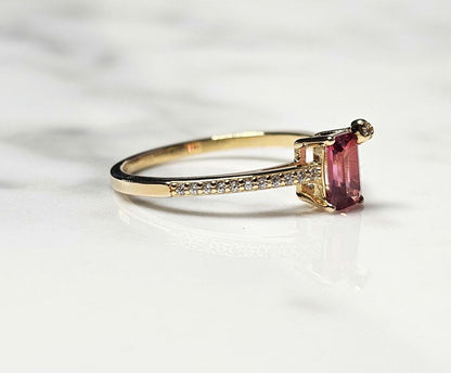 Emerald cut solitaire engagement ring, 1.5ct Rectangle cut ruby ring, July birthstone ring, half eternity ring, gold plated ring
