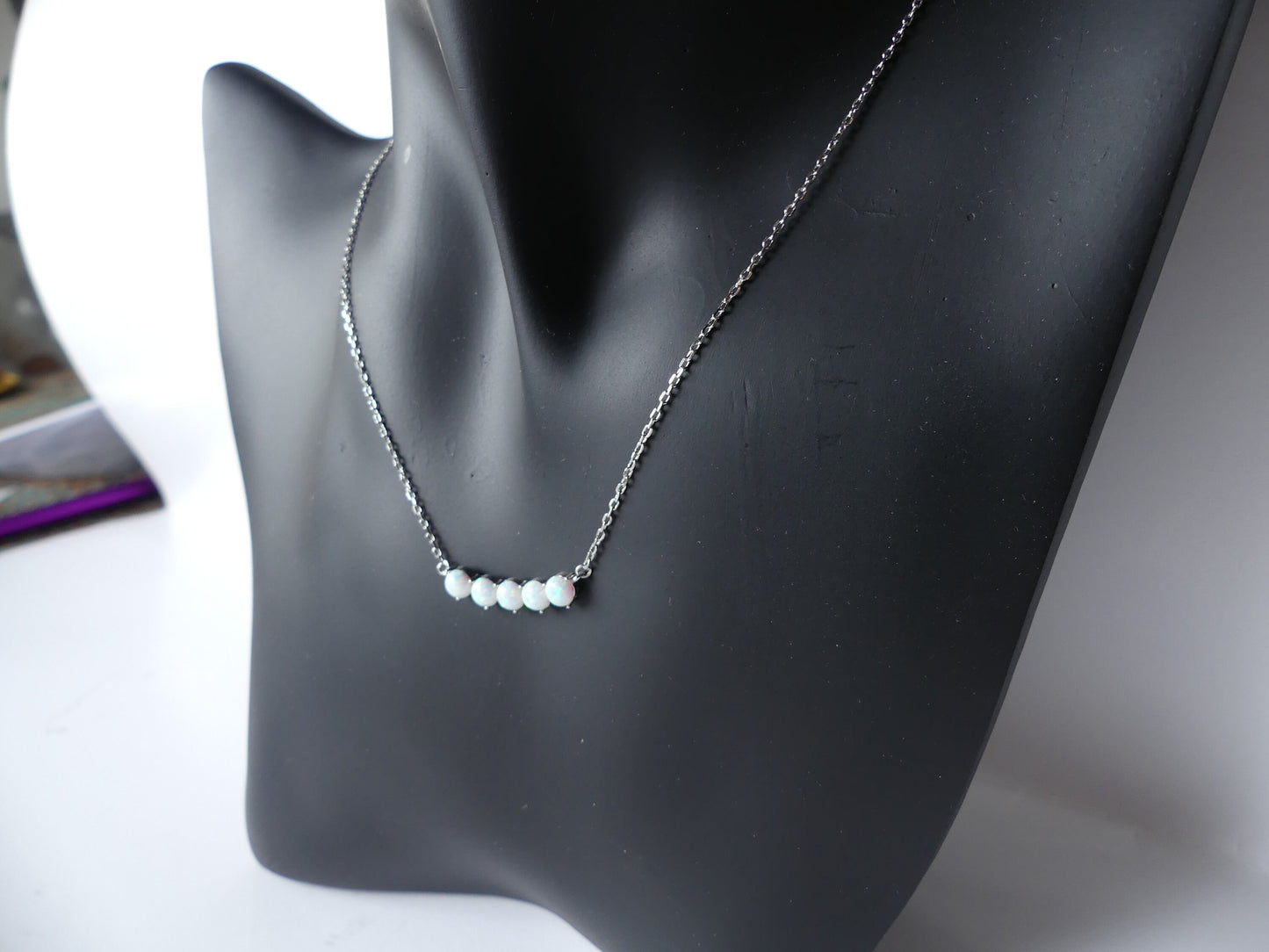 opal Necklace, charm necklace, Bar necklace, 925 Sterling Silver, October birthstone, Dainty necklace, round opal necklace, minimalist