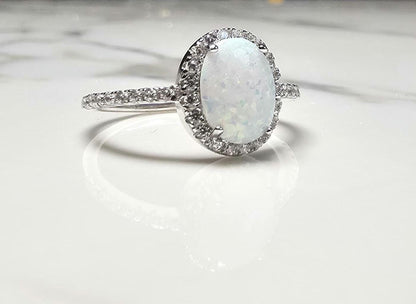 2ct oval opal stone, Oval Solitaire Synthetic Opal Ring, halo oval ring, engagement ring, halo ring, white opal ring, October birth stone