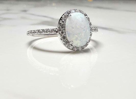 2ct oval opal stone, Oval Solitaire Synthetic Opal Ring, halo oval ring, engagement ring, halo ring, white opal ring, October birth stone
