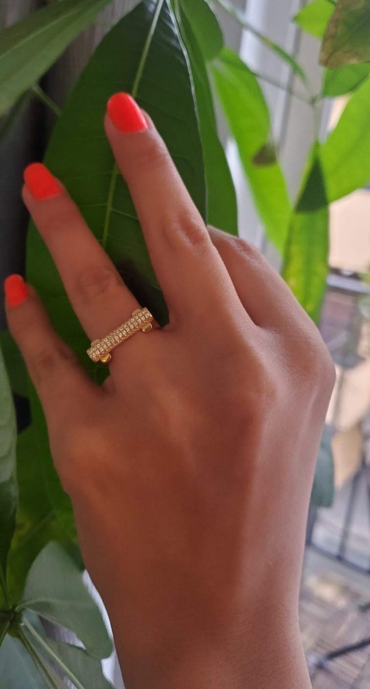 18K Gold Plated bar ring, pave ring, 925 Sterling Silver, Letter ring, Cocktail Ring, anniversary gift, minimalist, engagement ring