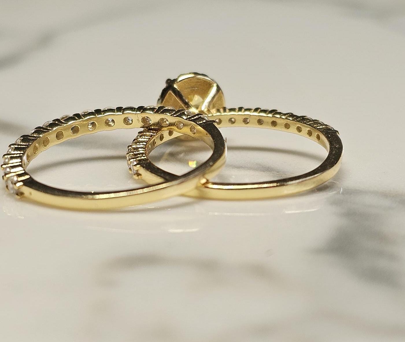 0.50ct round yellow stone ring, November birthstone ring, engagement ring, wedding set ring ,two piece, half eternity ring, citrine ring set