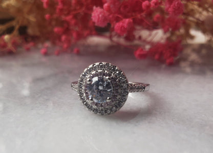 0.5 ct round ring, solitaire ring, engagement ring, stackable ring, 18k gold plated, 2rows halo pink tourmaline and cz ,fancy ring