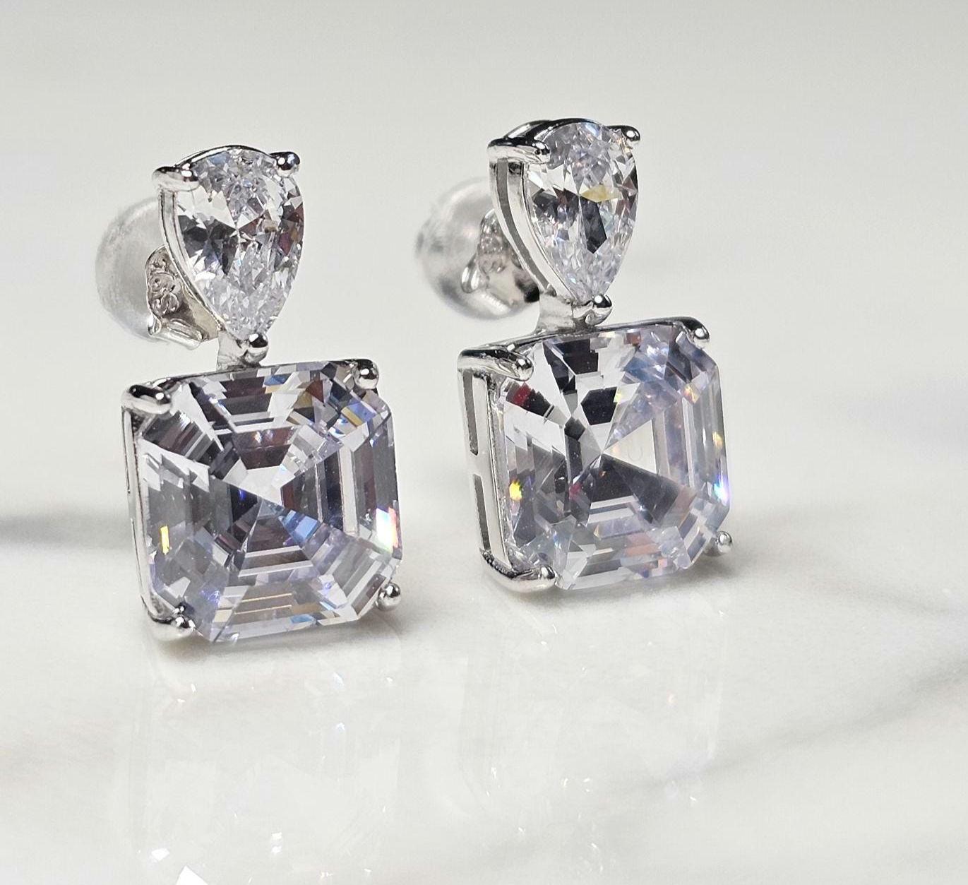 bright cz  pear and square earrings, 925 sterling silver earrings, wedding earrings, gift for her, anniversary gift