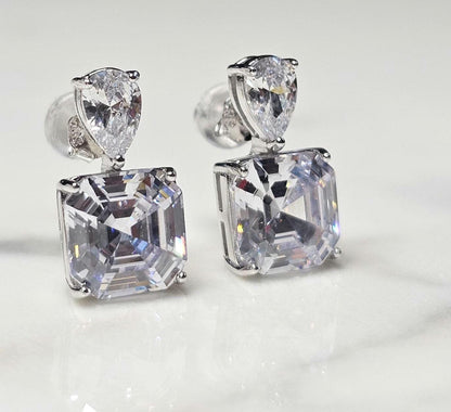 bright cz  pear and square earrings, 925 sterling silver earrings, wedding earrings, gift for her, anniversary gift